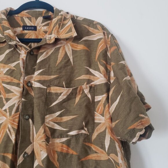 IZOD Mens Short Sleeve‎ Button Down Hawaiian Shirt size L Linen Blend Resort - Picture 3 of 7